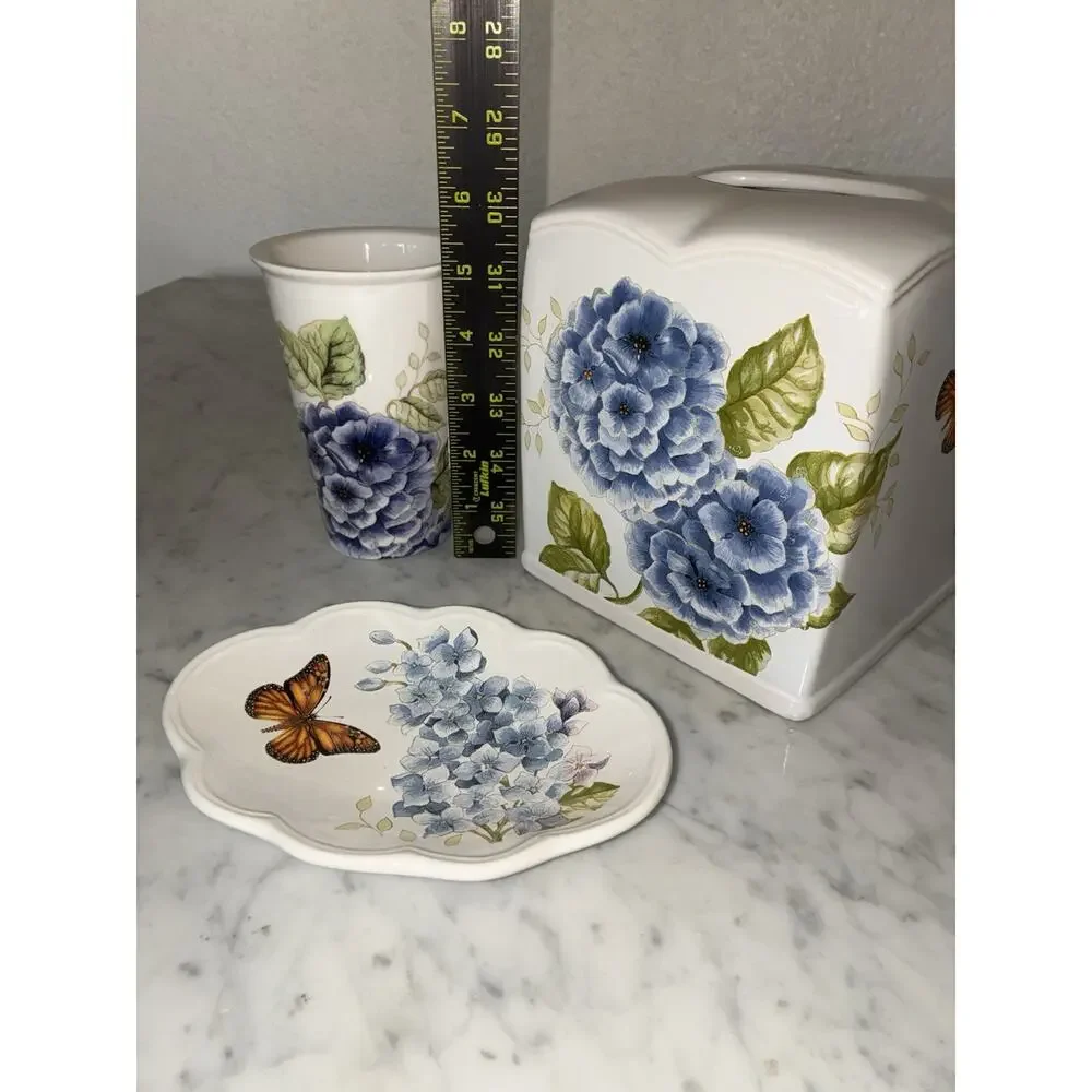 Lenox Blue floral Bathroom Set Tissue Holder Toothbrush Soap Dish Butterfly